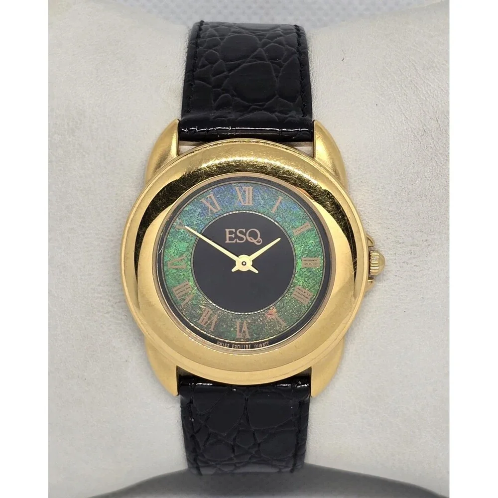 Unisex ESQ Swiss Esquire 300188 Green Dial Gold Tone Black Leather Band Watch 08